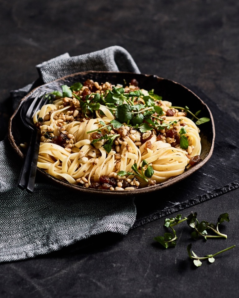 Anchovy and pine nut pasta food styling by Butter & Basil