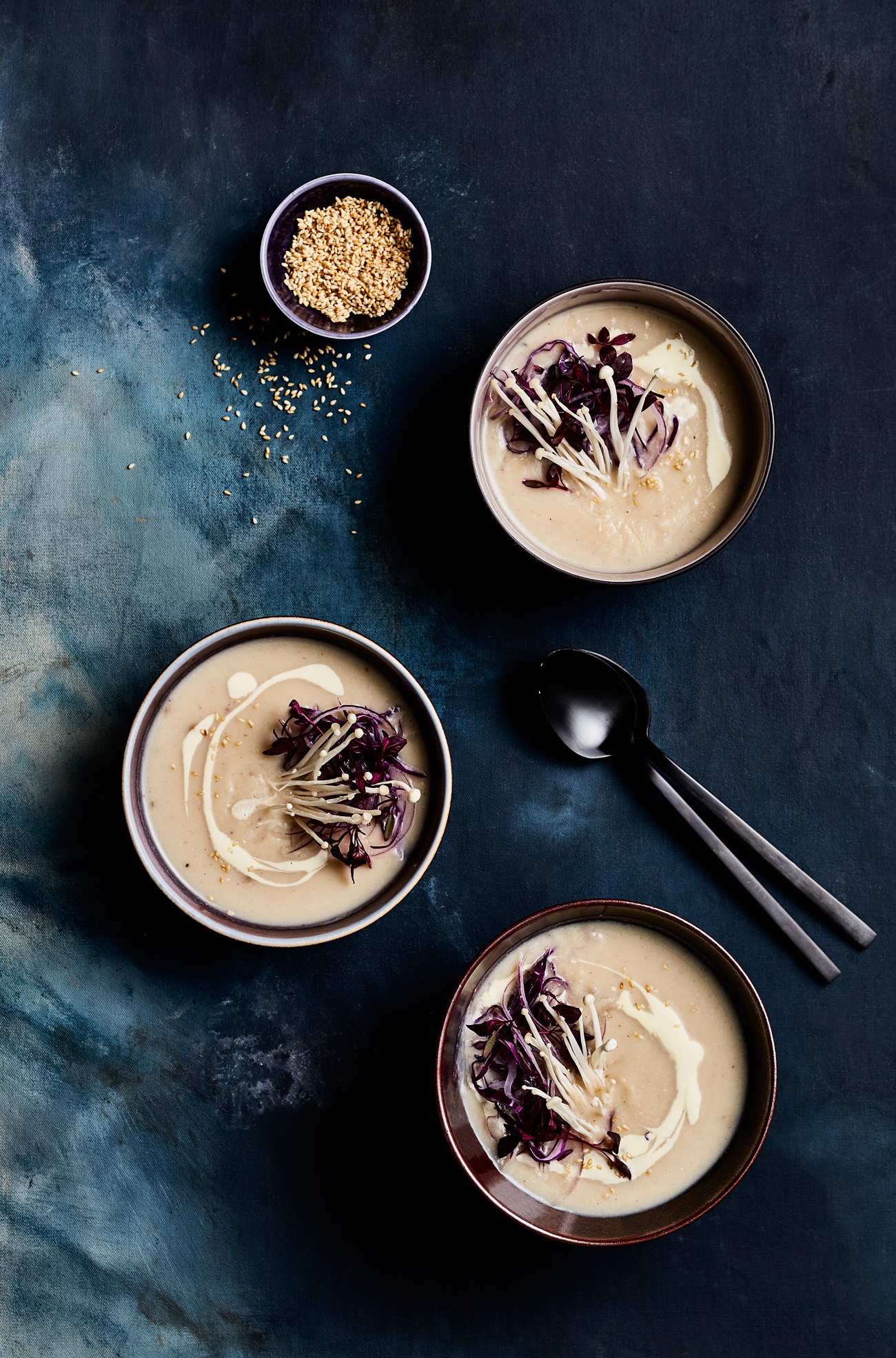 Cauliflower sesame cream soup food styling by Butter & Basil